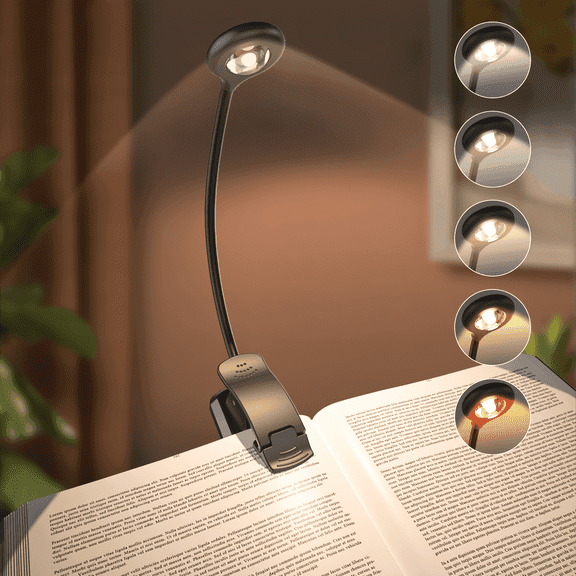 Rechargeable Reading Light with 5 Color Temperatures & Stepless Dimming, Lightweight Flexible Clip on Reading Lights for Books in Bed, Black