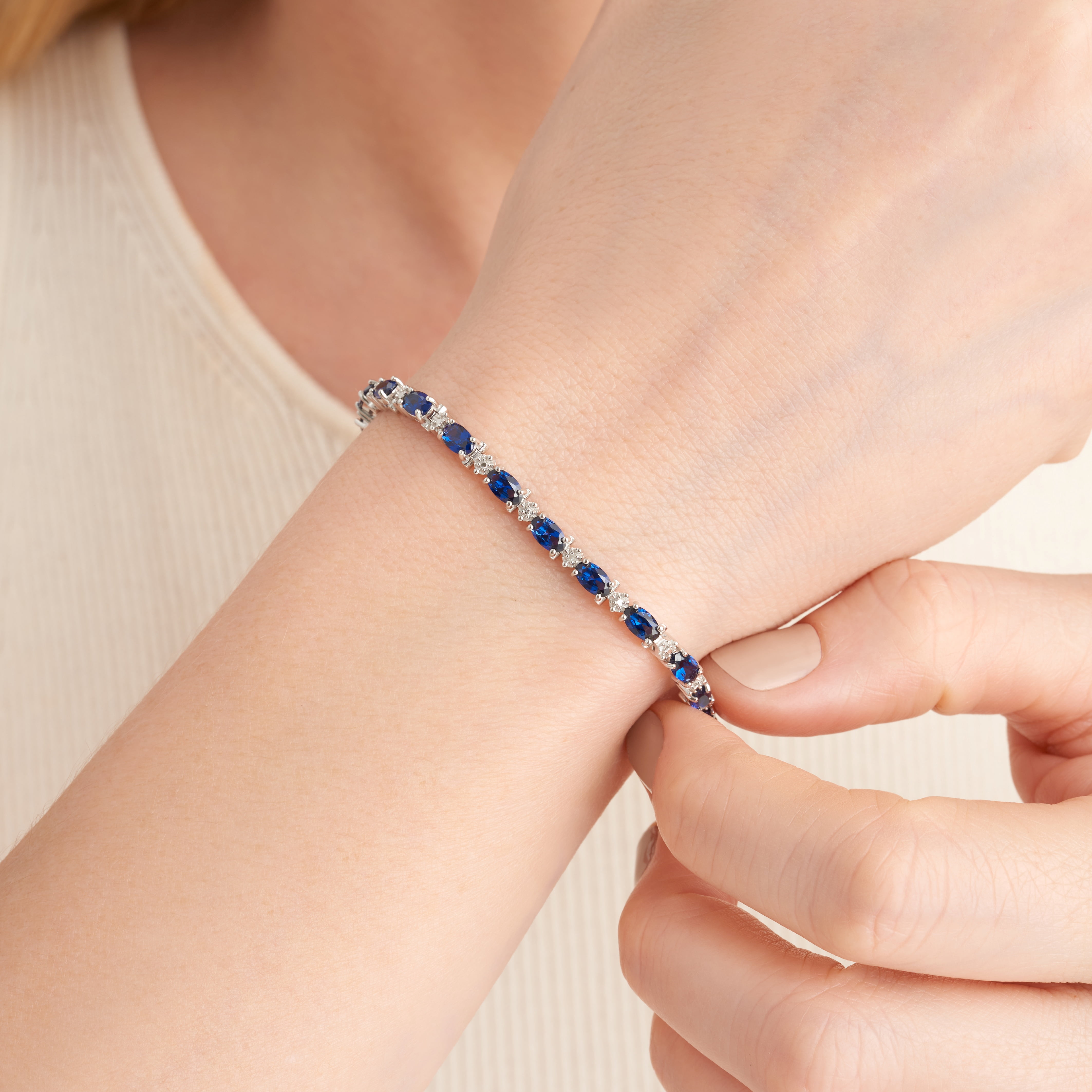 Forever Facets Sterling Silver Created Blue Sapphire and Diamond Accent Tennis Bracelet, Adult Female