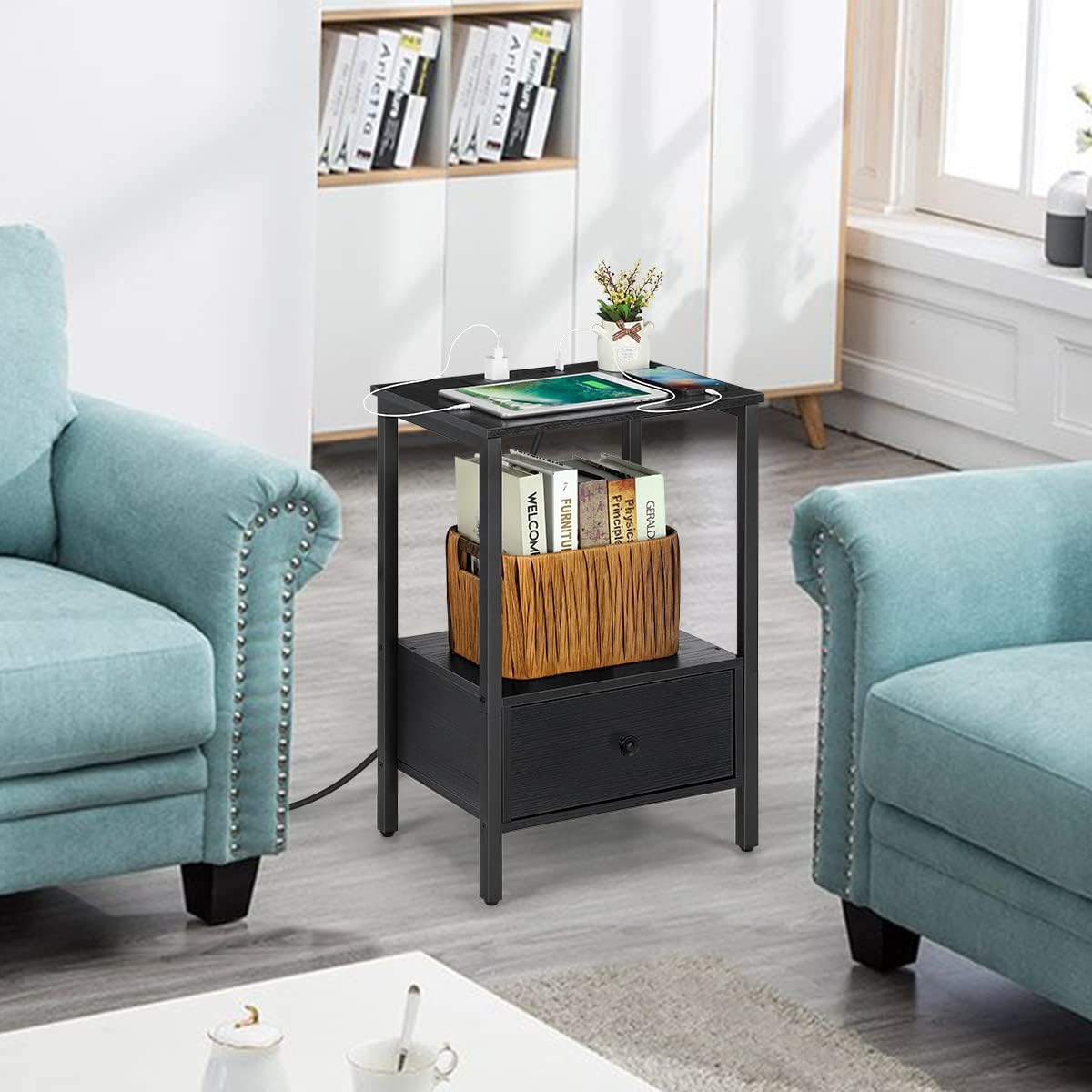 Nightstand Bottom Wood Drawer with Chargers Black ,Set of 2