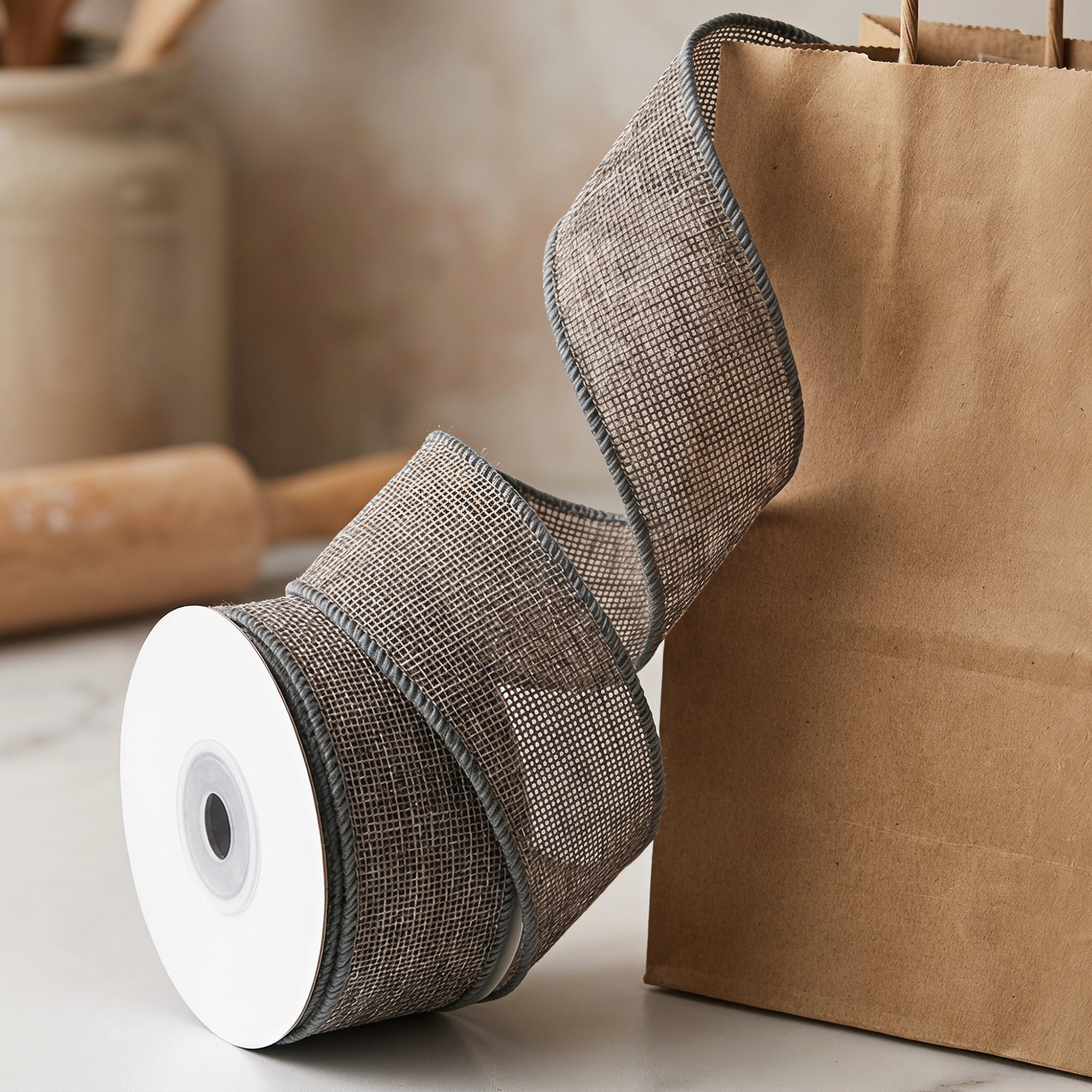Unique Bargains Faux Burlap Ribbon for Elegant Gift Decoration Grey 4.9 Yard
