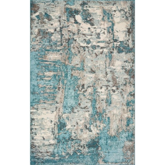 8'x10' Ivory Teal Machine Woven Abstract Watercolor Indoor Area Rug
