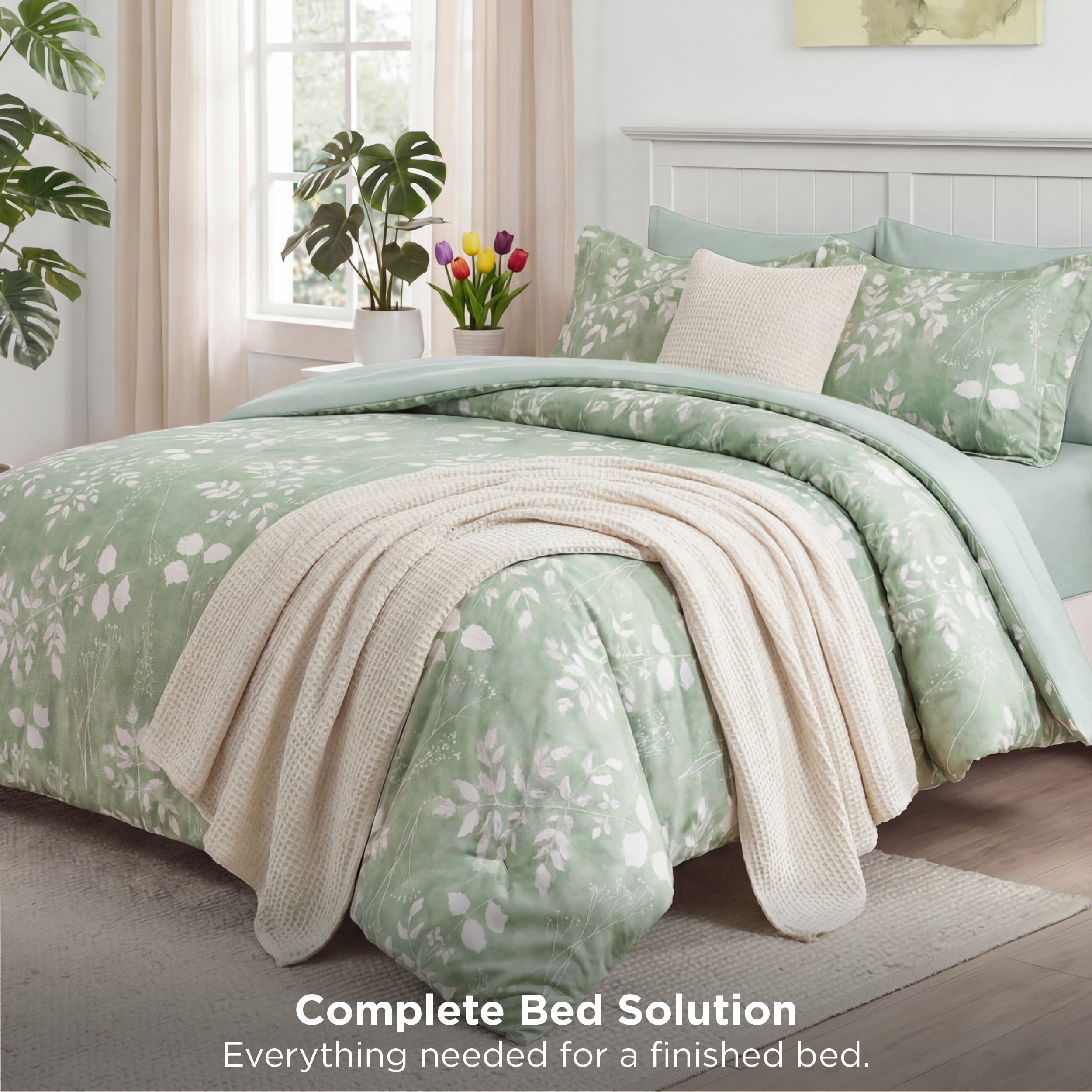 U by Bedsure Queen Comforter Set Sage Green, Bed in a Bag Queen Size Bedding, 7-Pieces Botanical Flowers Spring Comforter, Sheets, Pillowcases & Shams
