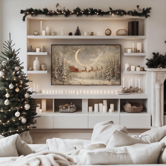Santa’s Sleigh Under the Moon TV Art | Muted Christmas TV | Farmhouse Christmas Decor, 8x12 UNFRAMED