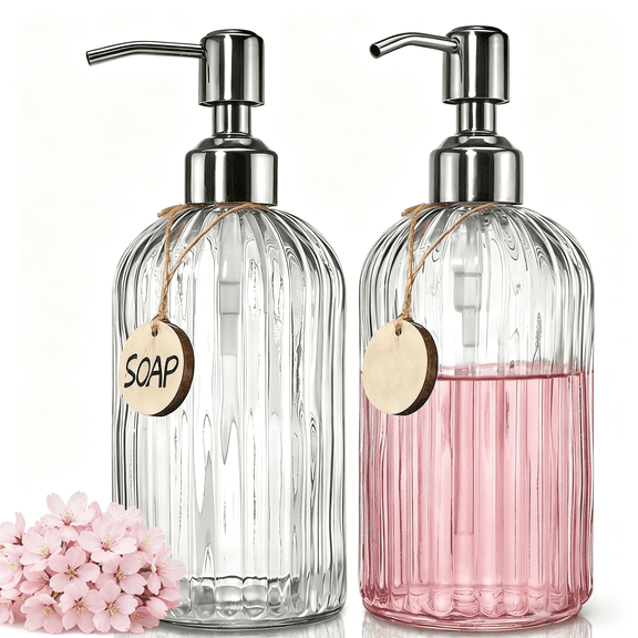 2 Pack Glass Soap Dispenser Set, 18oz Refillable Hand & Dish Soap Bottle with Stainless Steel Pump & Wooden Tag, Bathroom Kitchen Soap Dispenser