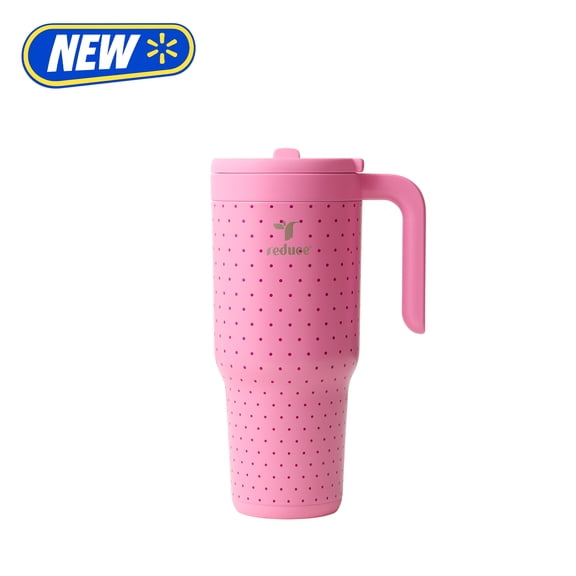 Reduce 34oz Chiller Go Travel Tumbler with Travel Handle, Lid & Flip Up Straw, Insulated Stainless Steel, Rosy Pink Dots