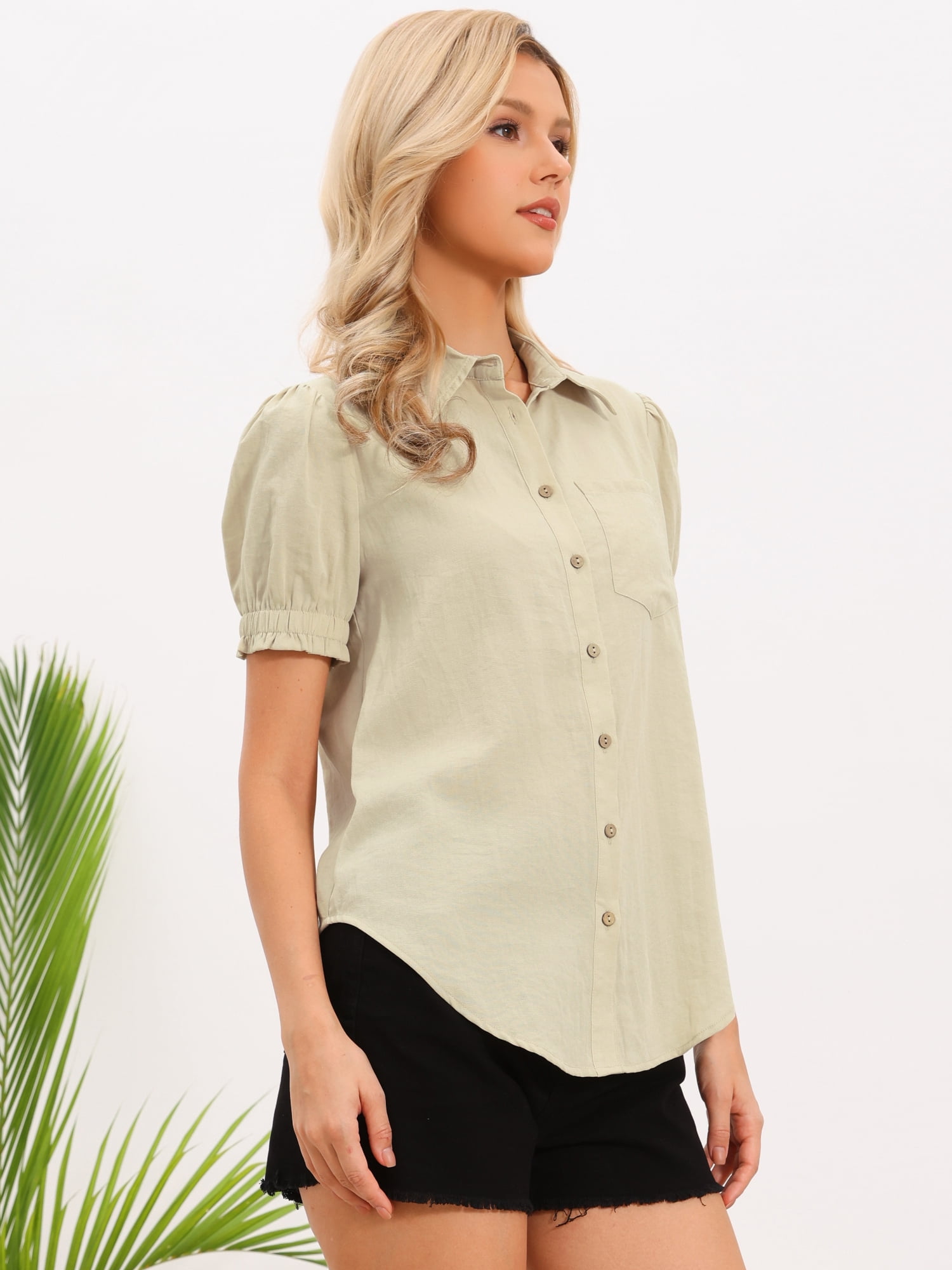 DARING DIVA Women's Short Puff Sleeve Button Down Shirts Collared V Neck Blouses XL Beige