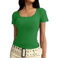 thumbnail image 2 of Plain T Shirts for Women Summer Short Sleeve U Neck Stretch Slim Fitted Tshirts Base Layer Solid Basic Tees, 2 of 7