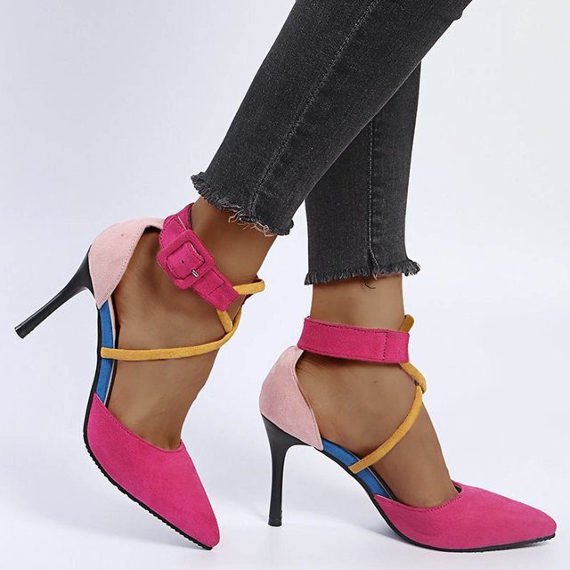 Sandalias casuales con hebilla de tacón alto y correa de bloque de color con cabeza de bollo de terciopelo para mujer Wmkox8yii hfjk2835