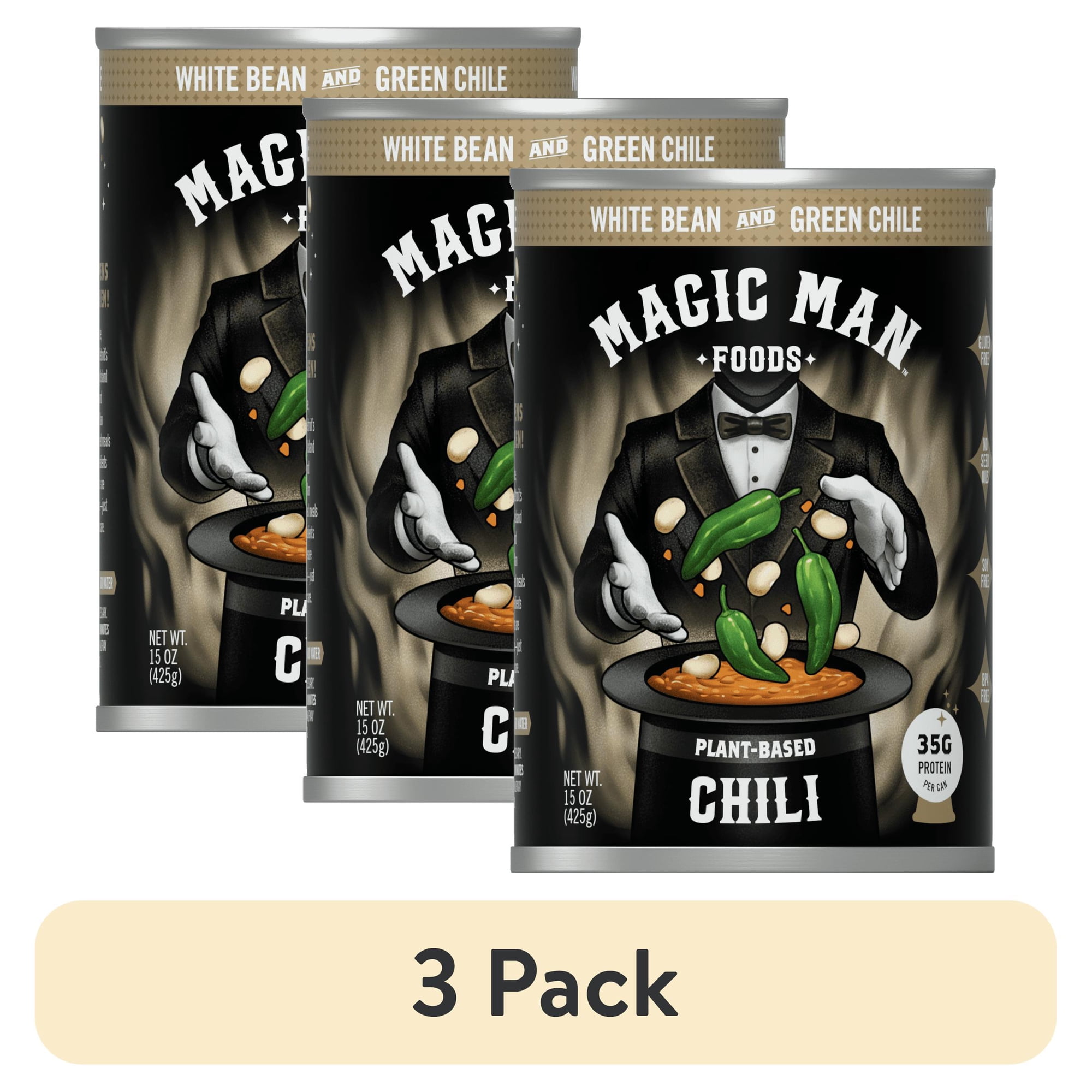 (3 pack) Magic Man Plant Based White Bean Green Chile Chili, 15oz Can, Vegan, Gluten free, Soy free, Seed Oil free