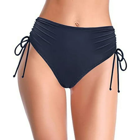 Women s Vintage Print Brazilian Bikini Bottom - Low Waist Thong Swimwear with Side Tie for Beach Navy XS