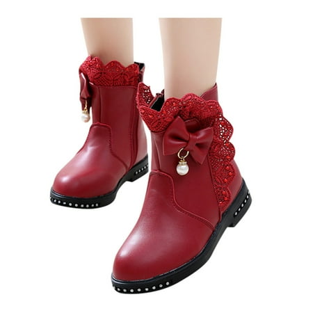 

kpoplk Cute Shoes For Teen Girls Boots Leather Toddler Baby Fashion Shoes Princess Knot Kids Baby Shoes()