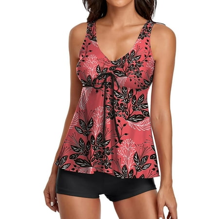 Swimsuits for Women Tank with Boyshorts Print Swimming Top Tankinis Set Red Bathing Suit for Women L