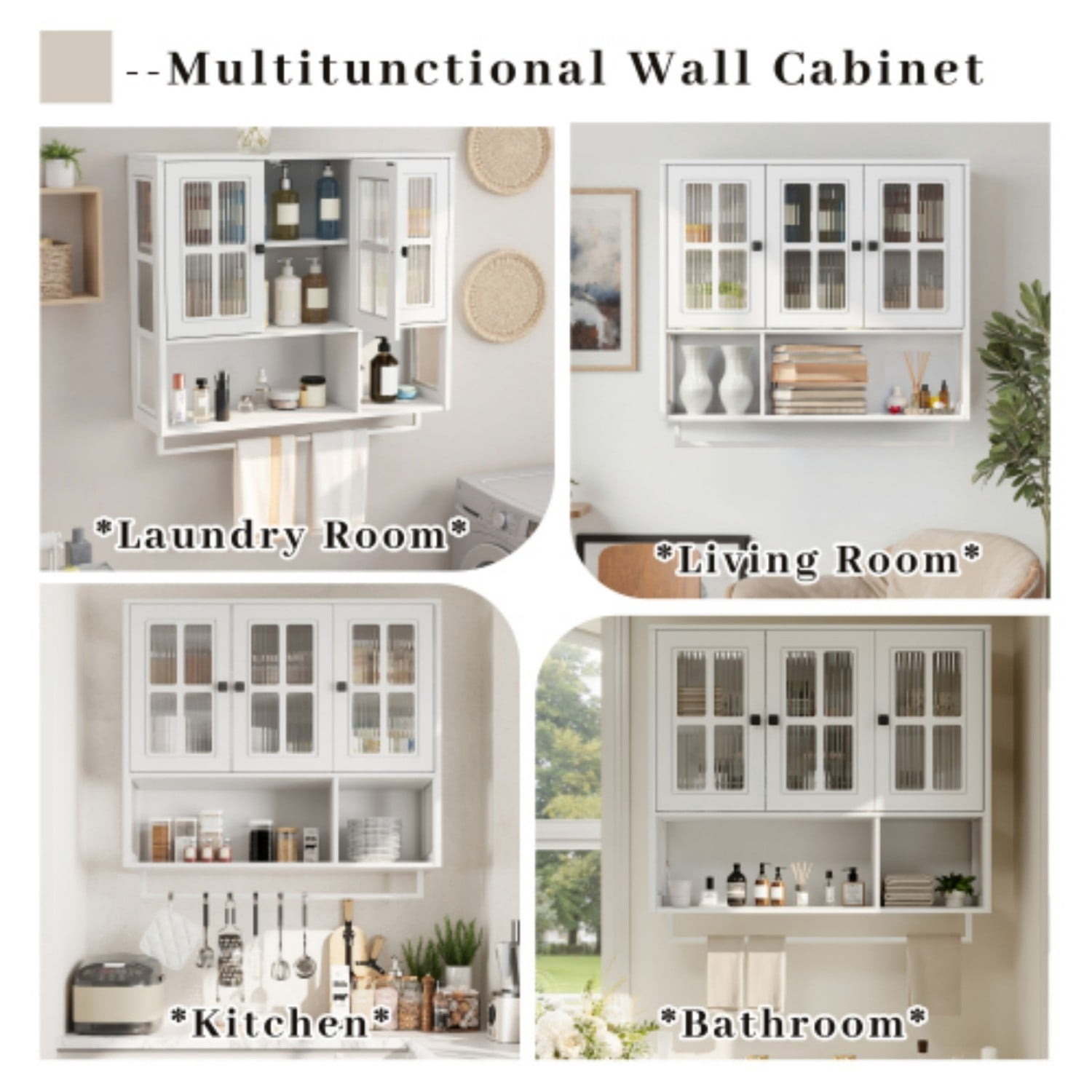 Bathroom Wall Cabinet 3 Door Storage Cabinet with Tempered Glass Doors, Open Shelf and Towel Bar, Wall Mounted Medicine Cabinet for Bathroom Entryway Living Room Dining Room, White