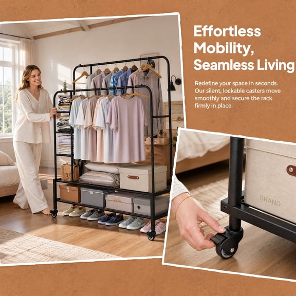 SUOERNUO Heavy Duty Garment Rack, Portable Clothes Hanging Rack with Bottom Metal Shelf, Freestanding Clothing Drying Organizer for Coats, Shirts, Laundry Room