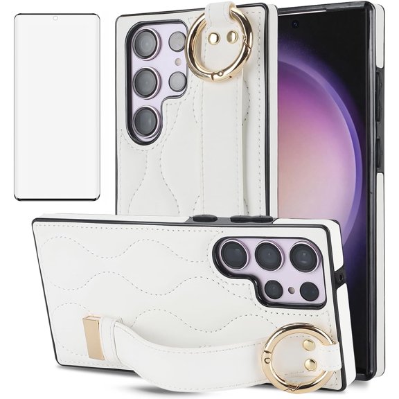 Phone Case for Samsung Galaxy S23 Ultra 5G with Screen Protector Cover and Wrist Strap Kickstand Wristband Holder Ring Silicone Rubber Cell S23Ultra 23S S 23 23Ultra 6.8 inch Women Men White