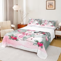 Manfei Green Pink Snowman Queen Sheet Set, Christmas Flower New Year 4-Piece Cozy Decor