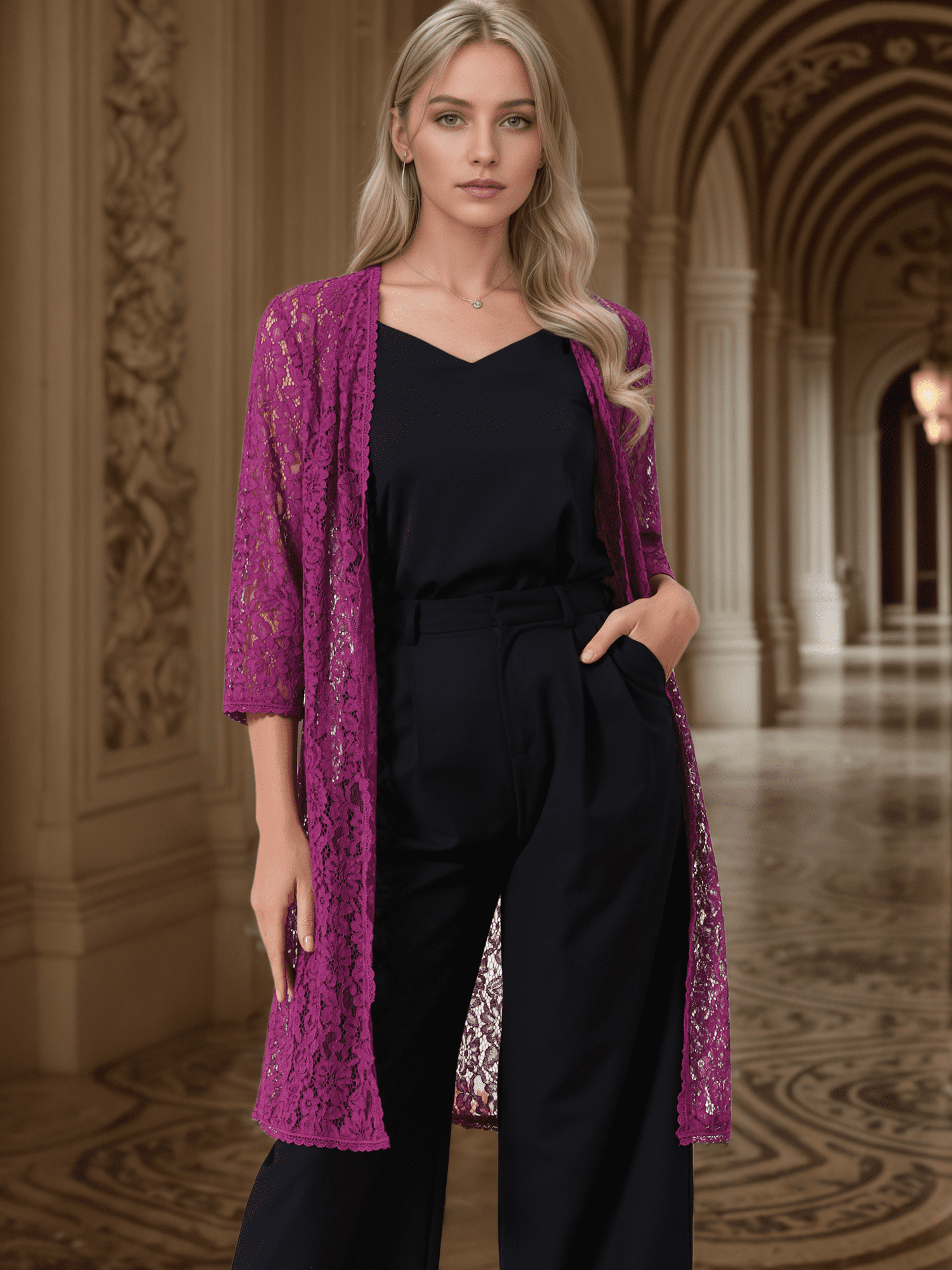 DARING DIVA Lace 3/4 Sleeve Crochet Open Front Long Cardigans XL Purple