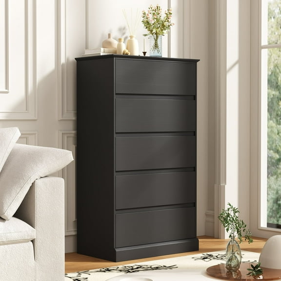5 Drawer Dresser for Bedroom, 15.8" D x 27.6" W x 48.4" H in Simply Modern Chest of Drawers, Wood Storage Dresser with Deep Drawers for Living Room Hallway Entryway, Black
