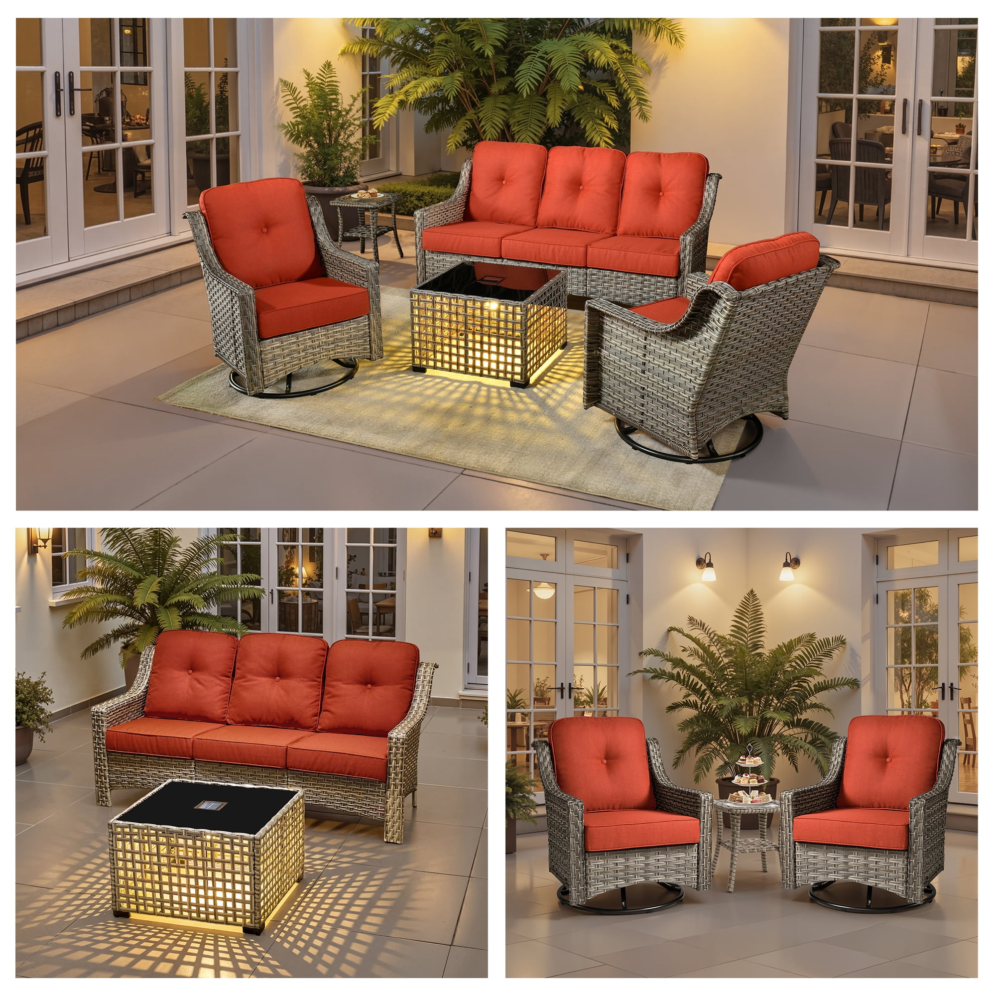 Ovios 5 Pieces Outdoor Patio Furniture Set High-Back Rattan Wicker Conversation Set Outdoor Sectional with Swivel Chairs & Solar Light Coffee Table, Coarse Orange Red