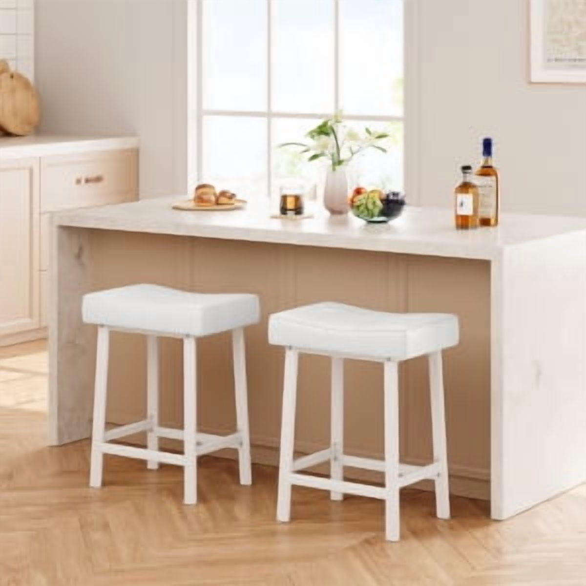 Acekid Bar Stool Set of 4&nbsp;– 24 Inch Counter Height, Upholstered Padded Seat with Curved Surface, Ergonomic Saddle Design for Kitchen/Home, White + White Cushion