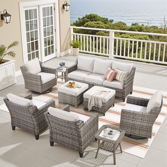OPOHORO 9 Pieces Outdoor Conversation Set, Gray Rattan Furniture Set for Outside with Patio Wicker Sofa, Chairs of 4, Side Tables and Ottomans, Ideal for Balcony or Porch, Blue Cushion