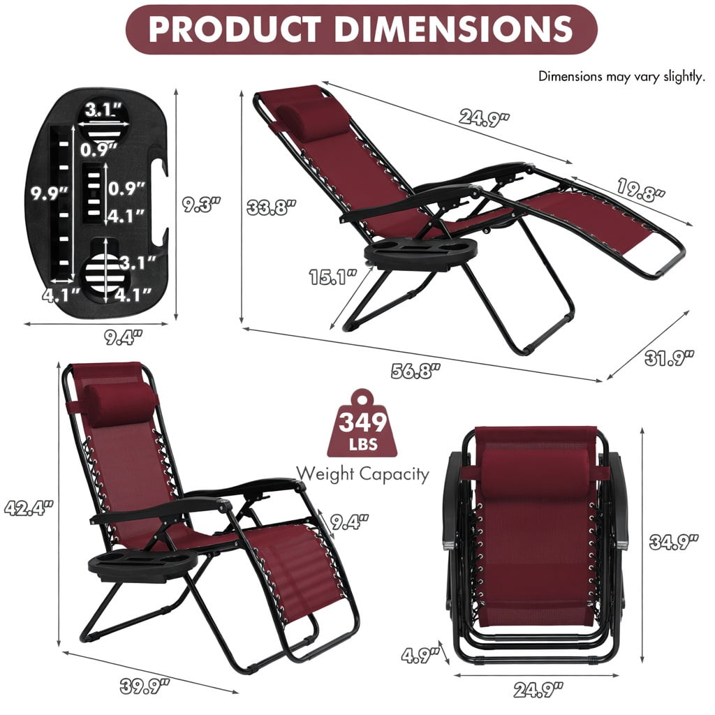 Hommoo Zero Gravity Folding Lounge Chair for Outdoor & Indoor Use, Heavy-Duty Steel Frame, Compact Foldable Design with Cup Holder & Adjustable Recline, Dark Red