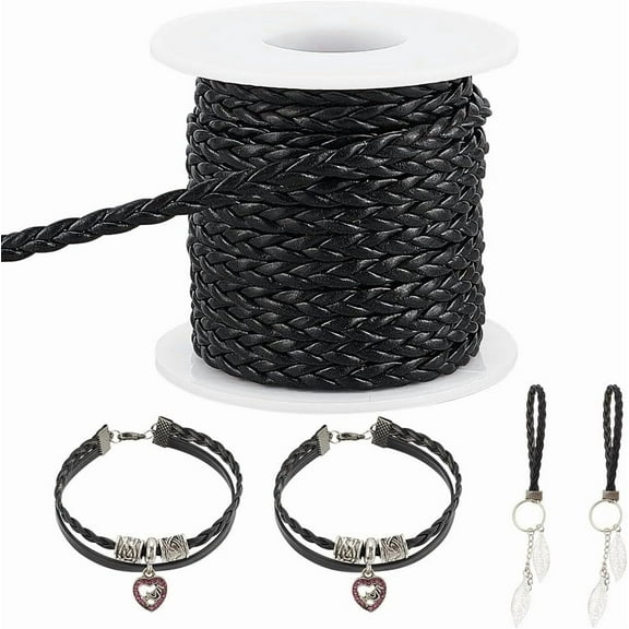 10.94 Yards(10m) Leathers Cord 5mm Wide Black 3-Ply Flat Cord Rope Lace Folded Bolo String PU Leathers Strap with Spool for DIY Necklace Jewelry Crafts