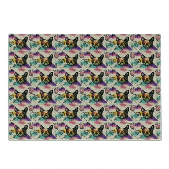 Dog Lover Cutting Board, Colorful Crystals Pattern Triangles Sixties Inspired Psychedelic Boston Terrier, Decorative Tempered Glass Cutting and Serving Board, Small Size, Multicolor, by Ambesonne