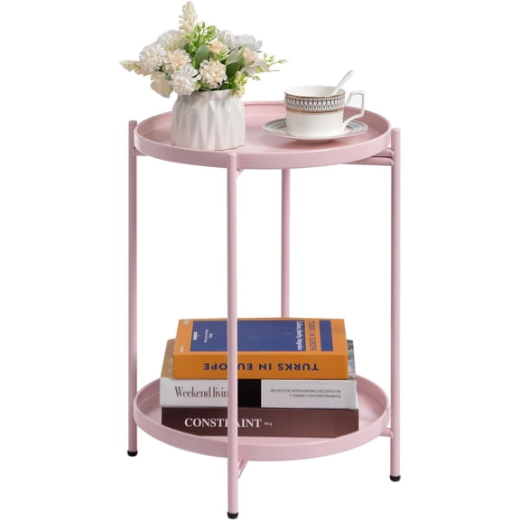 Pink 2-Tier Round Side Table, Outdoor Small Folding Accent Stand with Removable Tray, Anti-Rust Metal Occasional Table for Balcony Patio, Nightstand for Bedroom