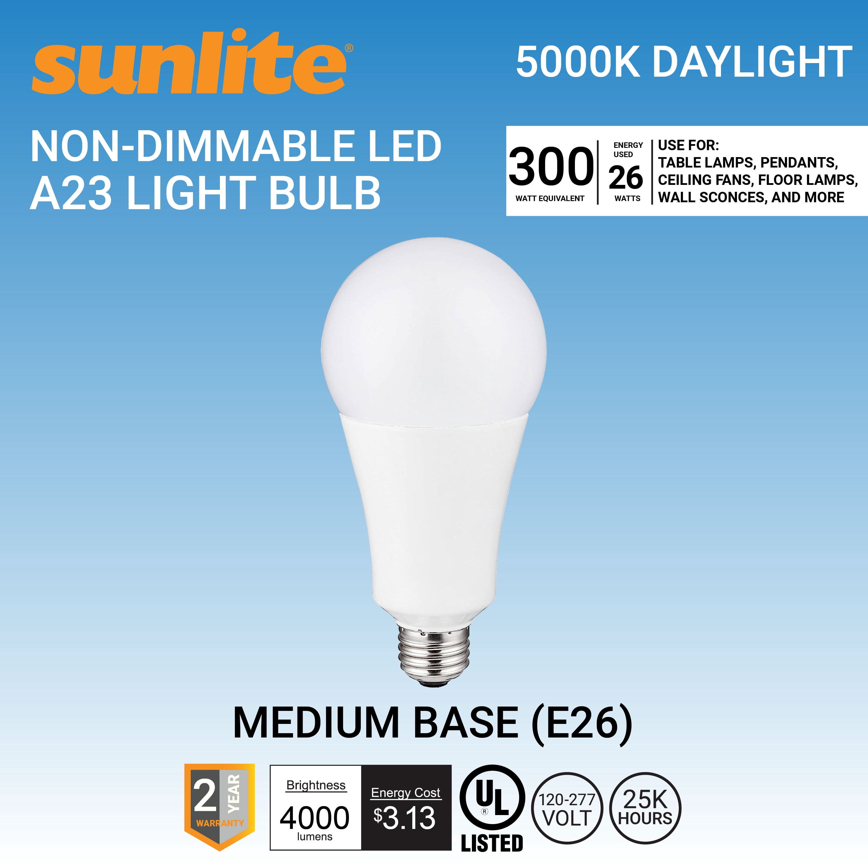 Sunlite LED A23 Light Bulb, 26 Watts (300W Equivalent), Medium E26 Base, Non-Dimmable,UL Listed, 5000K Daylight, 1-Pack