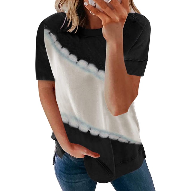 Pntutb Mujer Casual O-Cuello Tie-Dye Sudadera Suelta Suave Manga Corta Pullover tops Pntutb Pntutb-6486