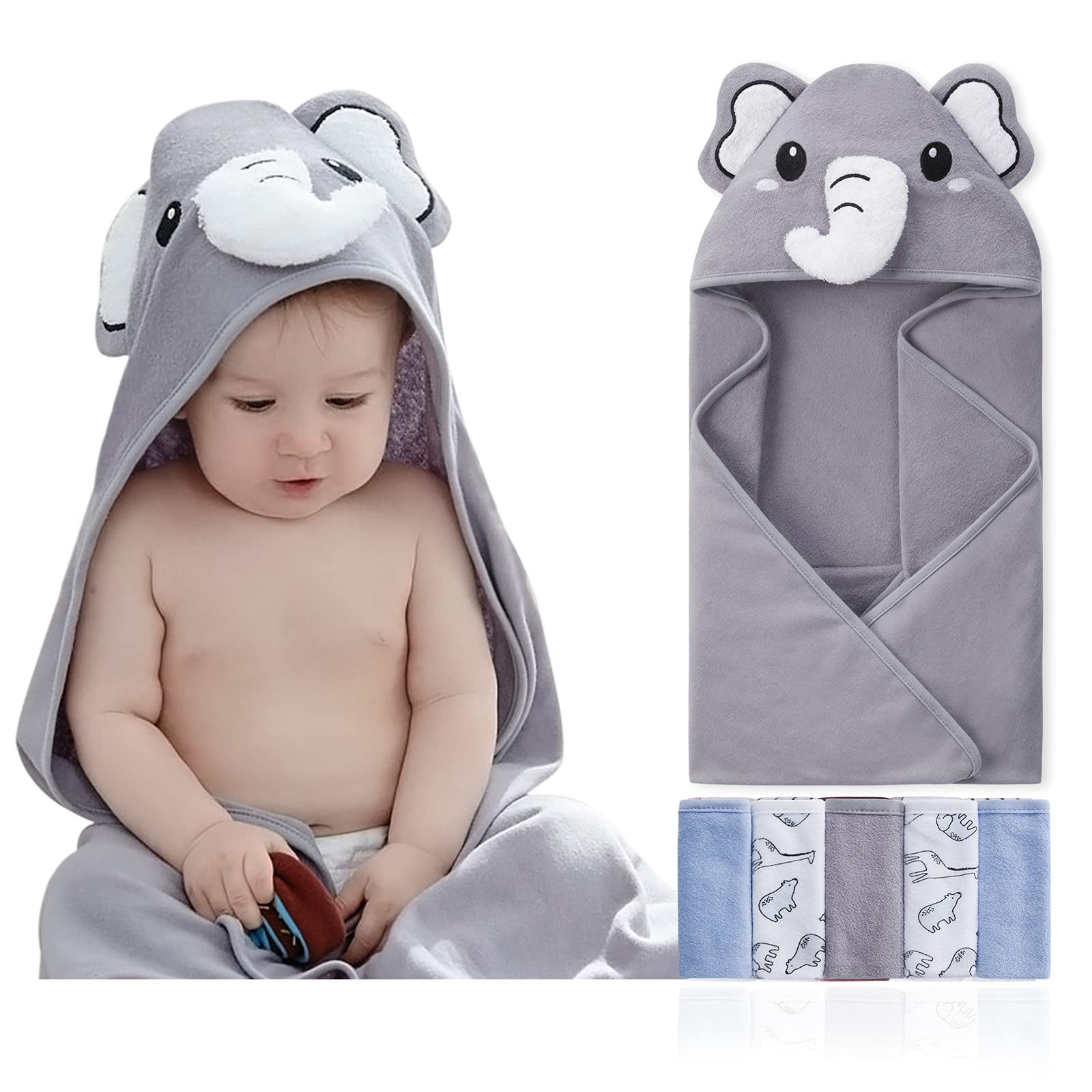 SYNPOS Hooded Baby Towels Softest Towels Toddler Thicker Hooded Bath Towel with 5 Washcloths Ultra Absorbent and Non-Balling Cotton Baby Bath Towel for Babie Unisex Baby Beach Towels Infant 