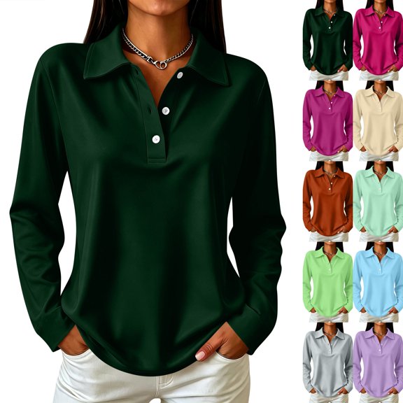Long Shirt for Womens Polo Shirts for Work Golf Collared Button Vintage Long Shirt Tops Quick Dry Loose Fit Tees Dark Green 2XL