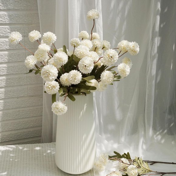 VOELIGT Faux Kiku Flower - White 12 Stems Faux Silk Mini Chrysanth with Stems Bulk Fake Wedding Filler Flowers Pompon Mum Artificial White Flower Ball for Floral Arrangements