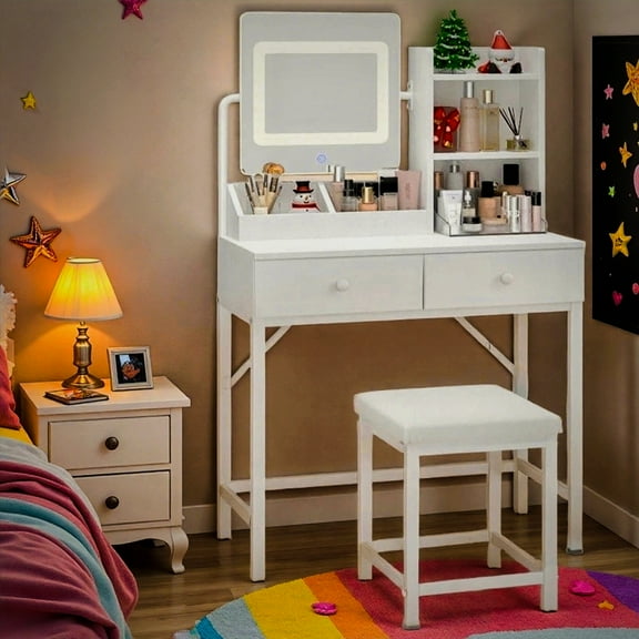 Lofka Vanity Desk with Mirror, Makeup Vanity with Adjustable Lighting, 2 Drawers & 3 Shelves, Includes Cushioned Stool for Bedroom Dressing Room | White