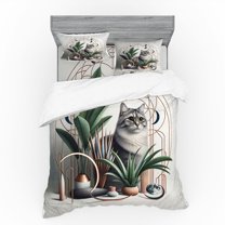 Ambesonne Cat Bedding Set 4 Pcs, Kitty in a Noble Pose Bohemian, Calking, Grey Green Pale Rust