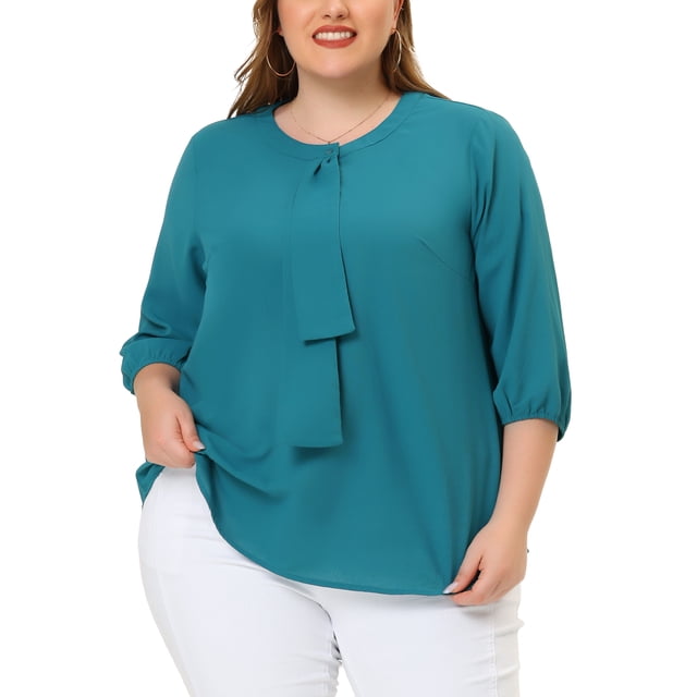 GRACE & GRANDEUR Women's Plus Size Tops Work Round Neck Ruffle Chiffon Blouse Office Top 4X Blue Green