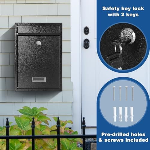 Key Lock Mailboxes for Outside, Locking Wall Mount Mailbox, Security Key Drop Box for Letters, Cash, Cards, Steel Mail Box for House Office School, 12.4H x 8.54L x 3.35W Inches, Black