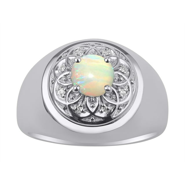 RYLOS Men's Rings Sterling Silver Designer Gypsy 7MM Round Gemstone & Diamond Ring Opal October Birthstone Rings Size 13