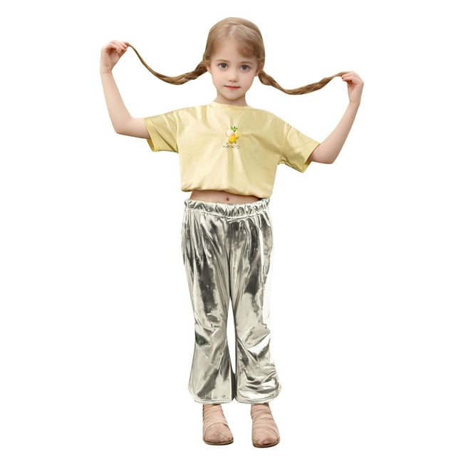 FAOWME Child Bright Flared Pants Dance Folk Dance Fishtail Pants Silver 3-4 Years