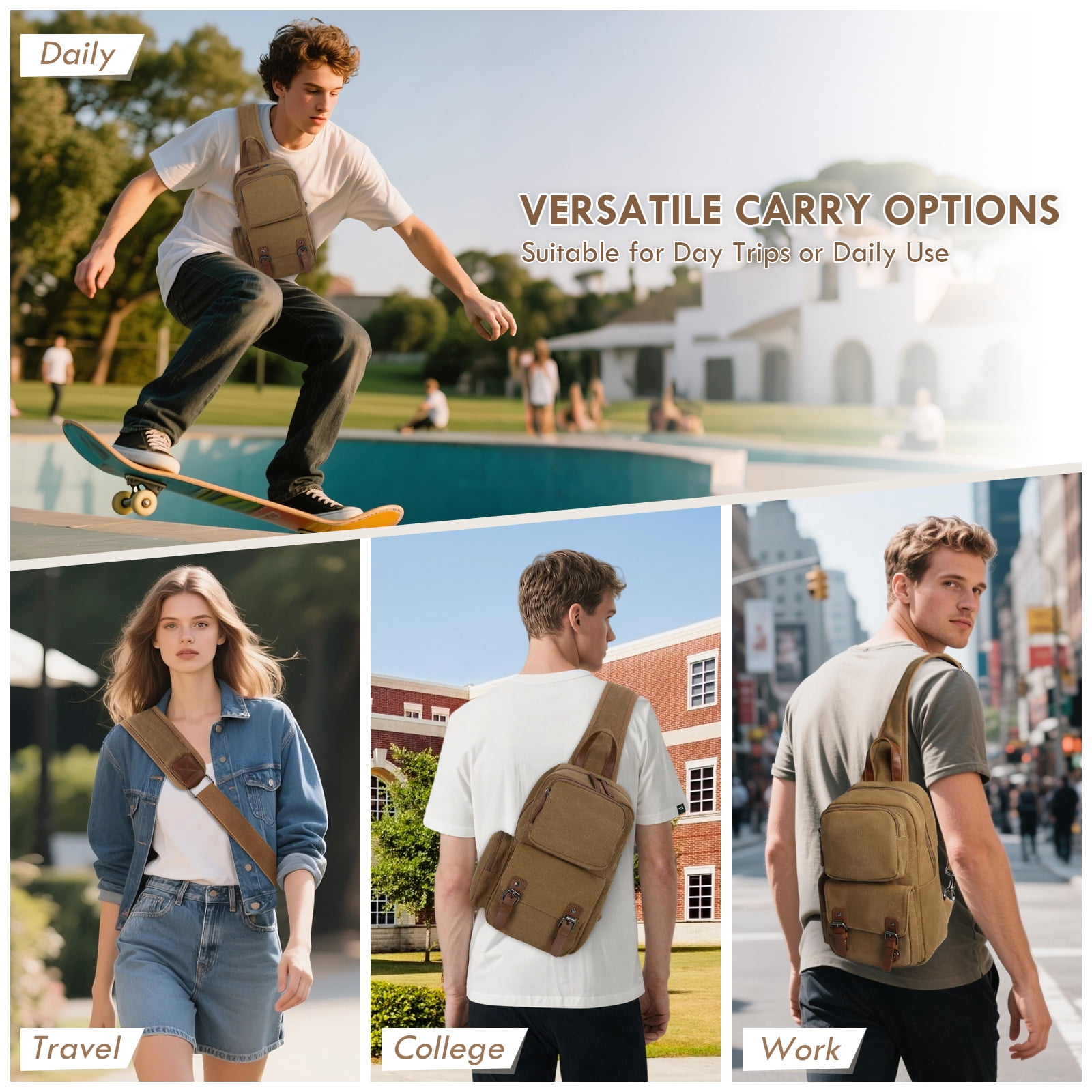 RAINSMORE Canvas Cross Body Messenger Bag for Men Women Shoulder Small Sling Bag Backpack for Travel Hiking,Brown