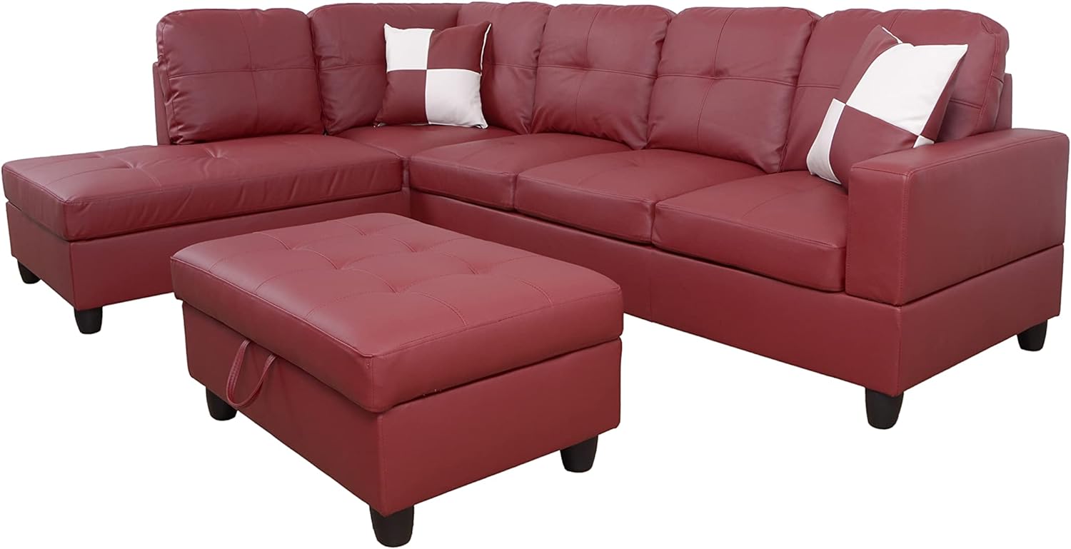 PonLiving Furniture Red Faux Leather 3 Piece Sectional Sofa Couch Set, L-Shaped Modern Sofa with Chaise Storage Ottoman for Living Room Furniture, Right Hand Facing