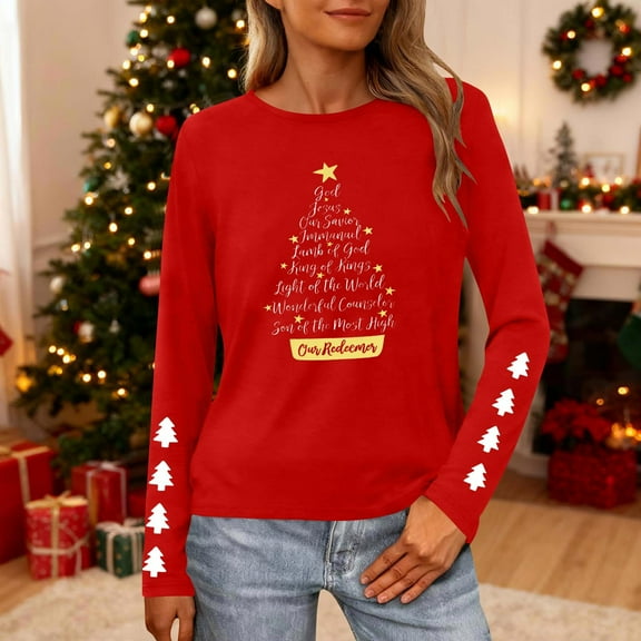 HOMBOM Long Sleeve Shirts for Women Christmas Comfy Plus Size Christmas Tree Red Vintage Crewneck Womens T Shirts