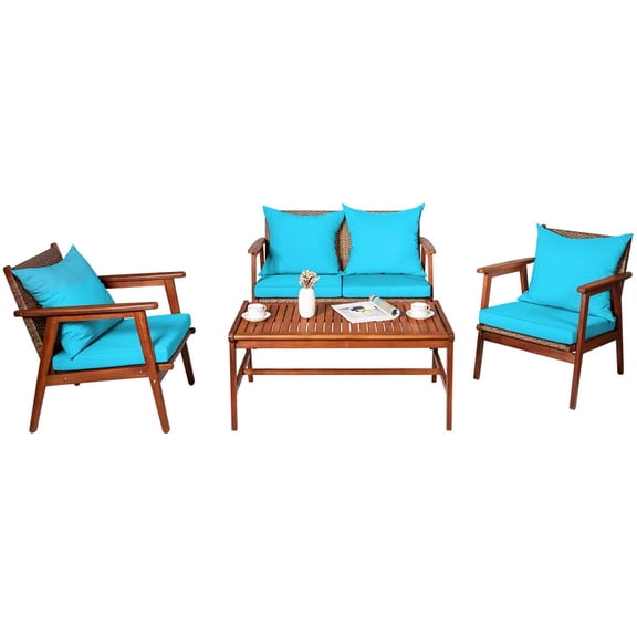 Tangkula 4 Piece Patio Furniture Set, Turquoise Cushion Acacia Wood