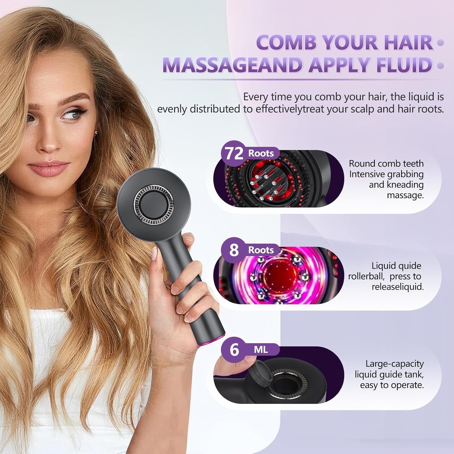 3-in-1 Scalp Massager Comb with 630nm Red Light Therapy, 72 Massage Teeth & 8 Roller Oil Balls, 6ml Serum Tank, USB-C Rechargeable, Waterproof Hair Growth Brush
