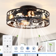 Dayu 20 Inch Matte Black Rustic Flush Mount Wildlife Forest Caged Enclosed Ceiling Fan with Light and Remote Control
