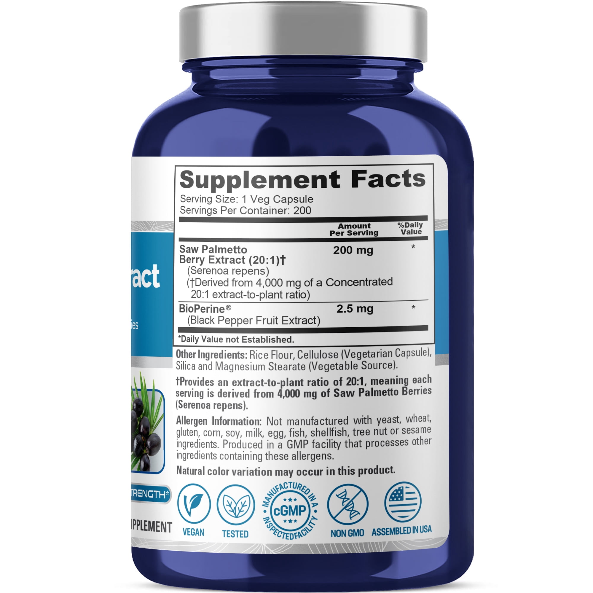 NusaPure Saw Palmetto 20:1 Extract, 200 mg Equivalent to 4,000 mg per Veggie Caps 200 Count Non-GMO, Vegan, Vegetarian, Dietary Supplement, Enriched with Bioperine for Unisex Adult Heath & Wellness