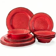 12 Piece Melamine Dinnerware Set Farmhouse Outdoor Dishes Set for 4 A Light Weight and Unbreakable Rustic Plate Bowl Set for Patio RV and Camping