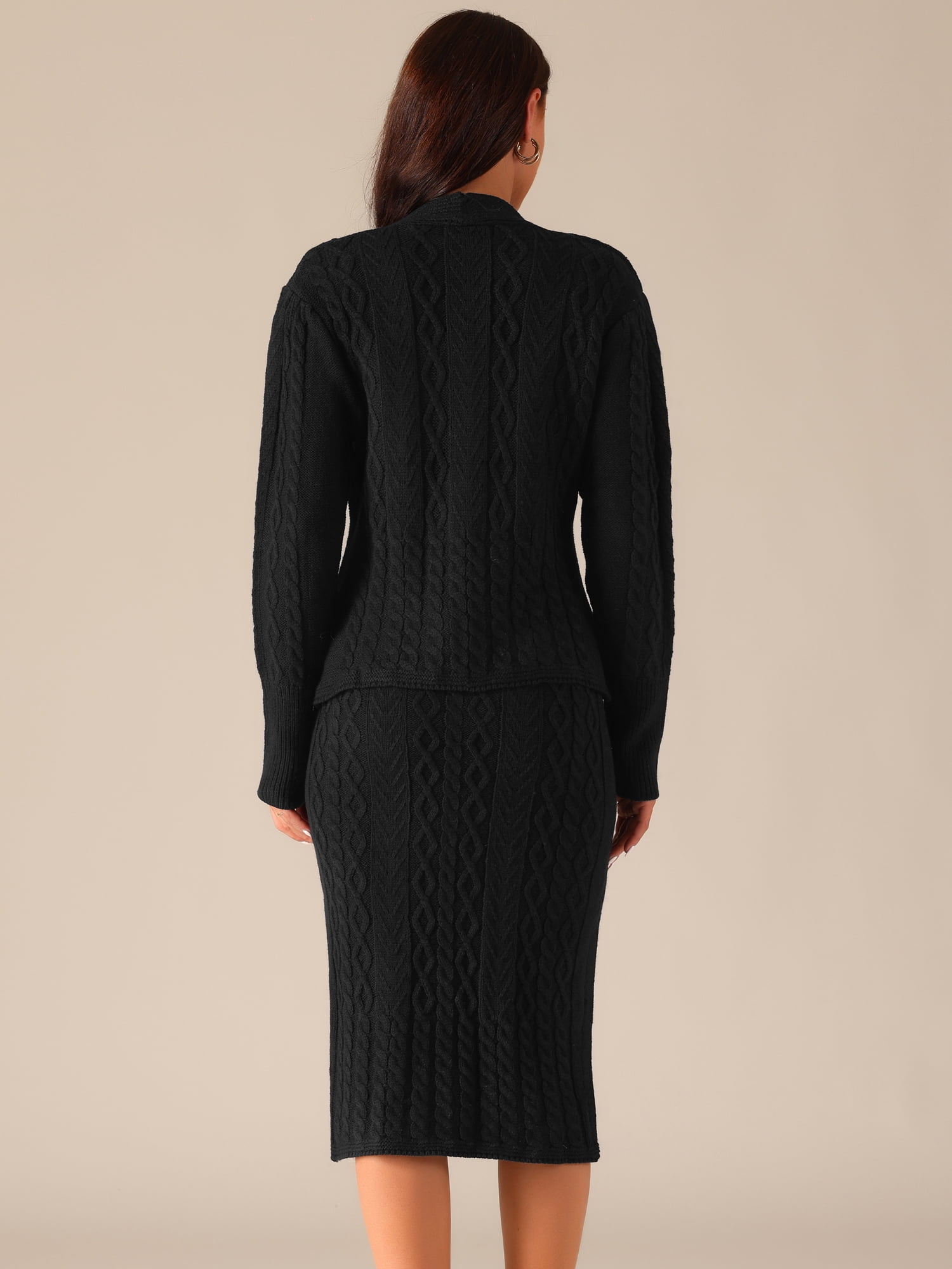 DARING DIVA Women's Sweater Set V Neck Cardigan and Midi Skirt Outfit S Black