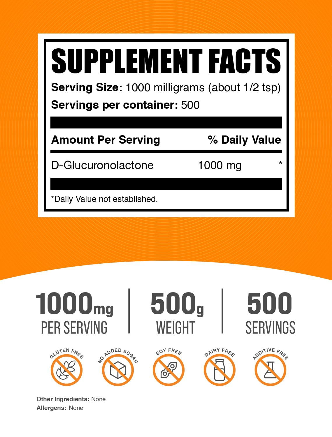 BulkSupplements D-Glucuronolactone Powder - 1g per Serving - 500 Grams (1.1 lbs) - 500 Servings